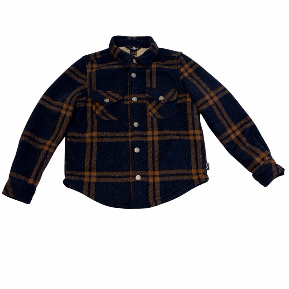 Eddie Bauer Navy Blue and Copper Brown Plaid Button-Up Shirt Jacket Boys 7